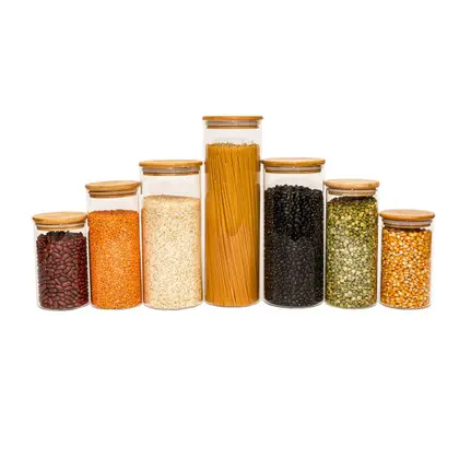 Kit com 6 Potes de Vidro para Mantimentos com Tampa Bambu